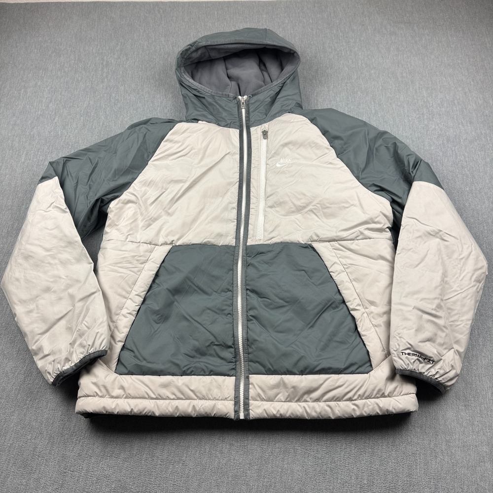 Nike Jacket Men Large Cream Gray Therma Fit Legacy Hooded Fleece Lined Full Zip - Picture 1 of 14